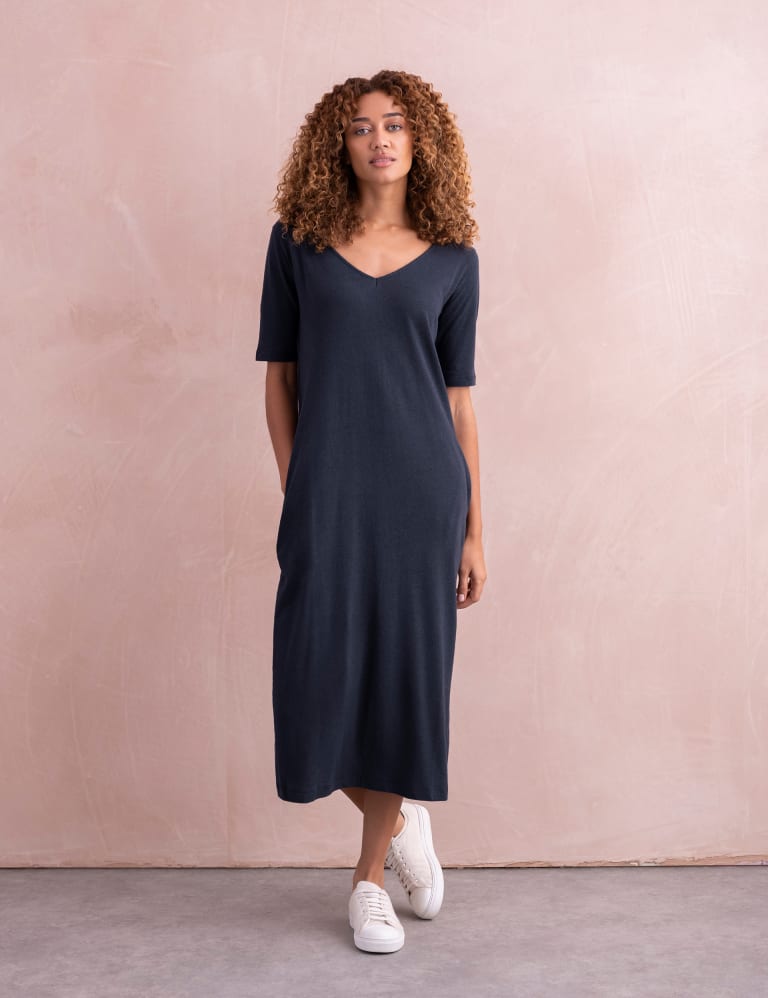 Linen Blend V-Neck Midi Shift Dress 2 of 8