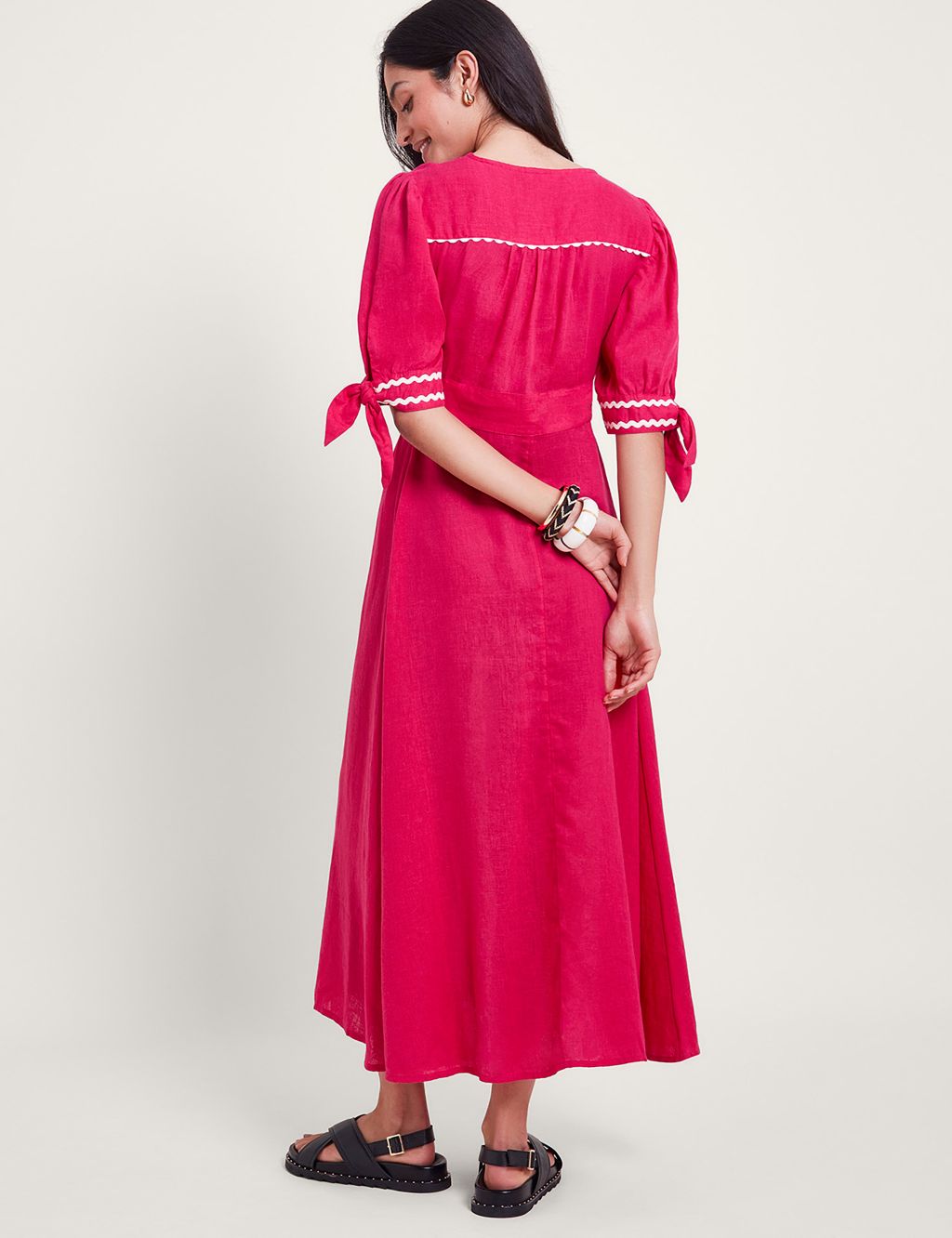 Linen Blend V-Neck Midi Waisted Dress 2 of 4