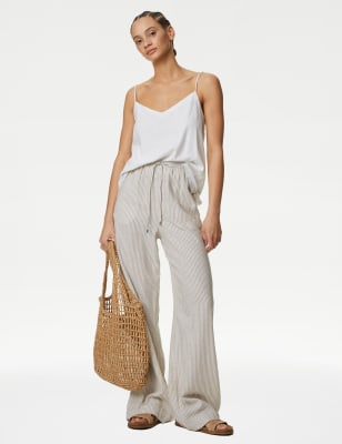 These linen-rich trousers are designed in a breezy wide-leg shape, making them perfect for warm-weather days. They fasten with a drawstring at the comfortable high rise waist. Handy side pockets and patch pockets at the back complete this practical pair. M&S Collection: easy-to-wear wardrobe staples that combine classic and contemporary styles.