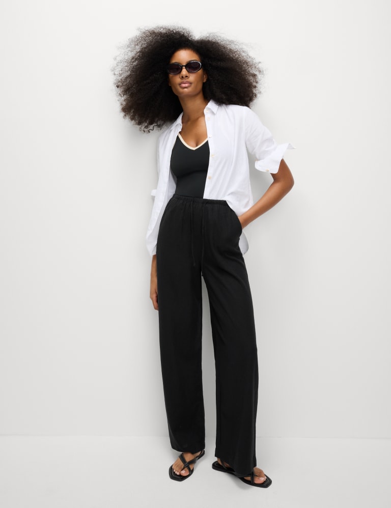 Black Linen Mix Straight Leg Trousers