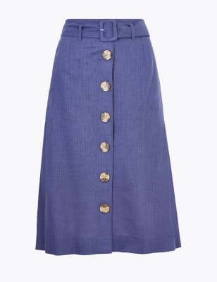 Linen Button Front Belted Midi A-Line Skirt | M&S Collection | M&S