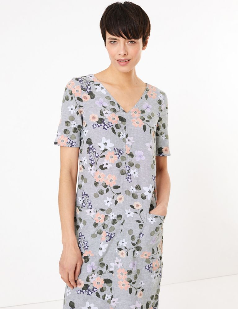 Linen Floral V-Neck Shift Dress 5 of 5