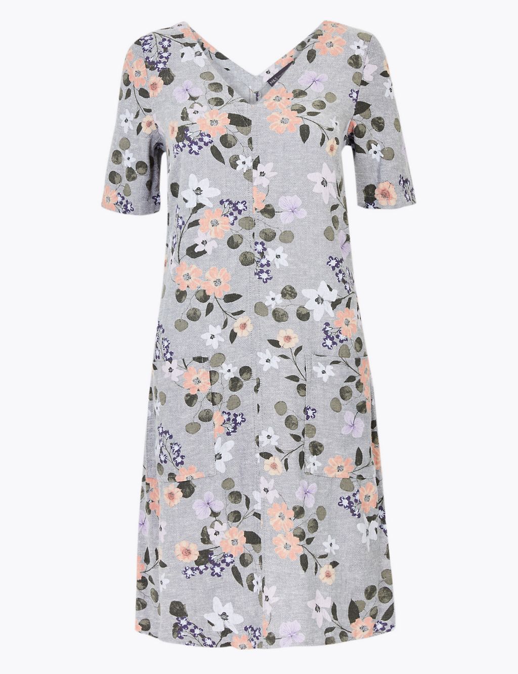 Linen Floral V-Neck Shift Dress 1 of 5
