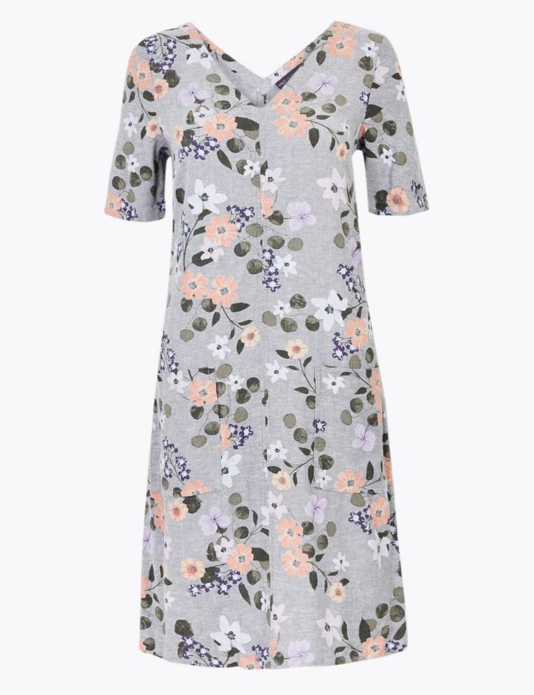 Linen Floral V-Neck Shift Dress 2 of 5