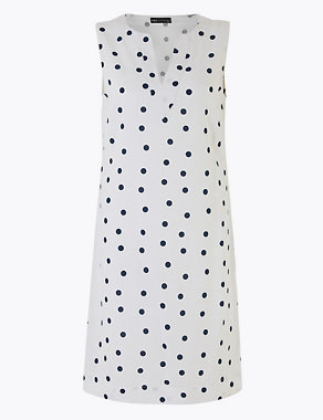 Linen Polka Dot V-Neck Shift Dress Image 2 of 4