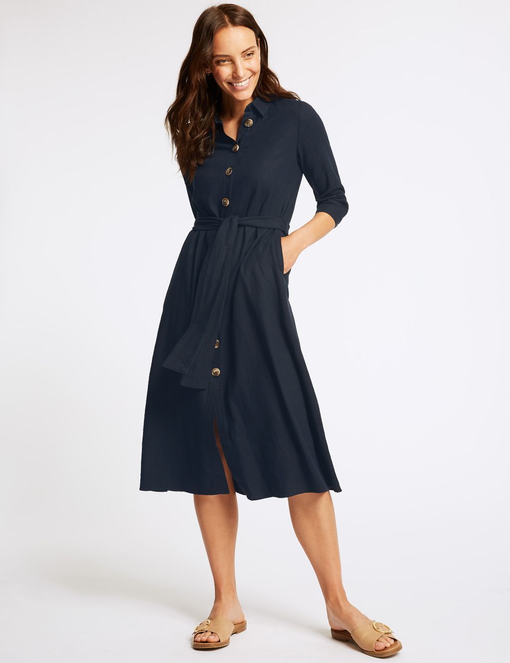Linen Rich 3/4 Sleeve Shift Midi Dress | M&S Collection | M&S