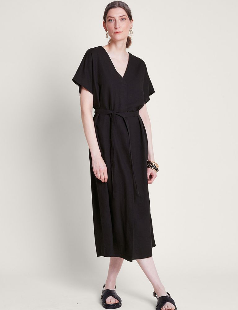 Linen Rich Belted Midi Dress 1 of 4