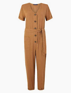 Linen Rich Button Detailed Belted Jumpsuit Image 2 of 4