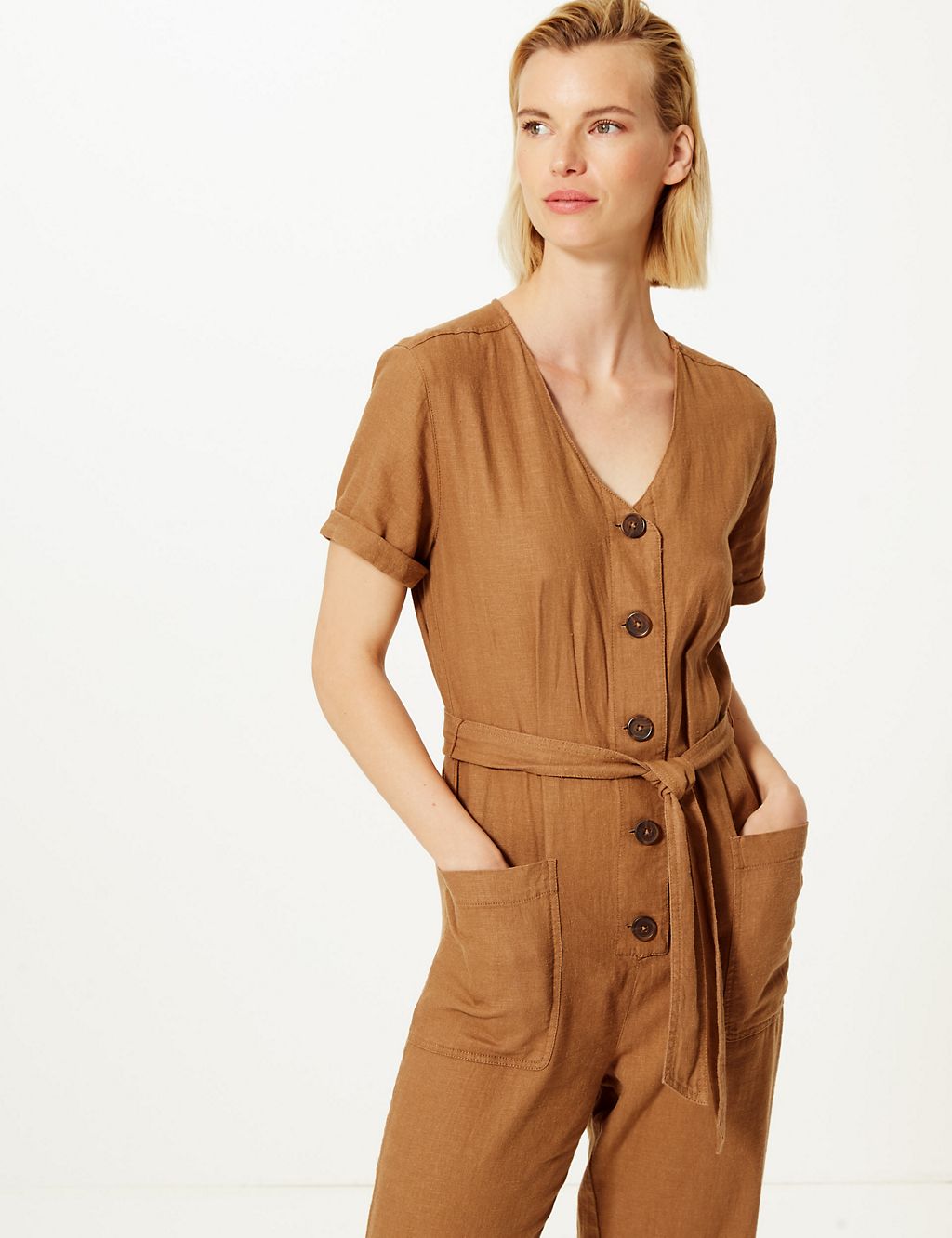 Linen Rich Button Detailed Belted Jumpsuit 3 of 4