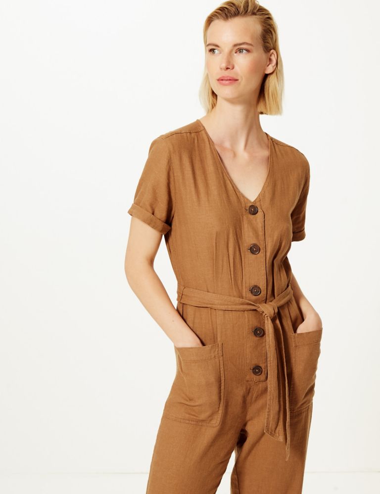 Linen Rich Button Detailed Belted Jumpsuit 1 of 4