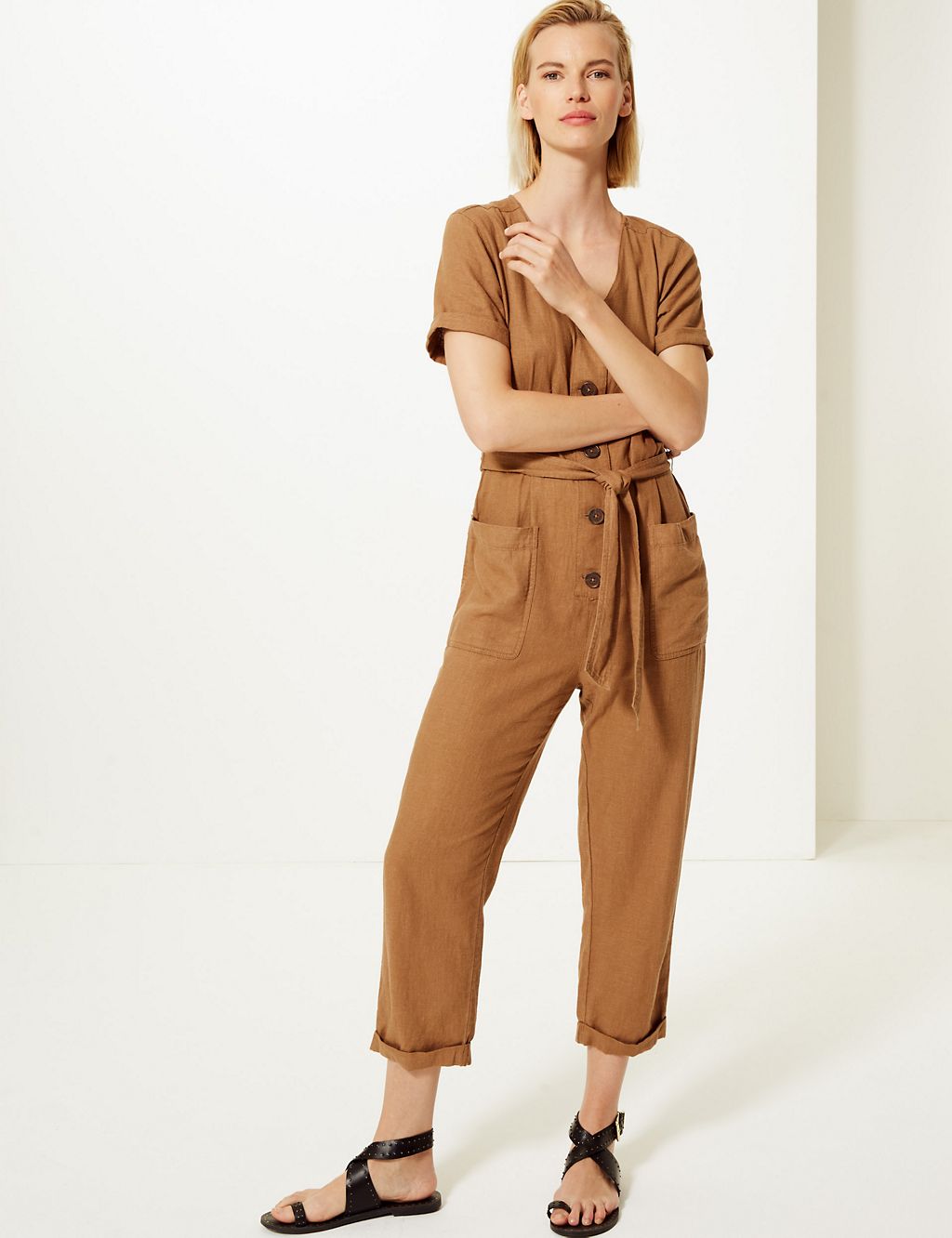 Linen Rich Button Detailed Belted Jumpsuit 2 of 4