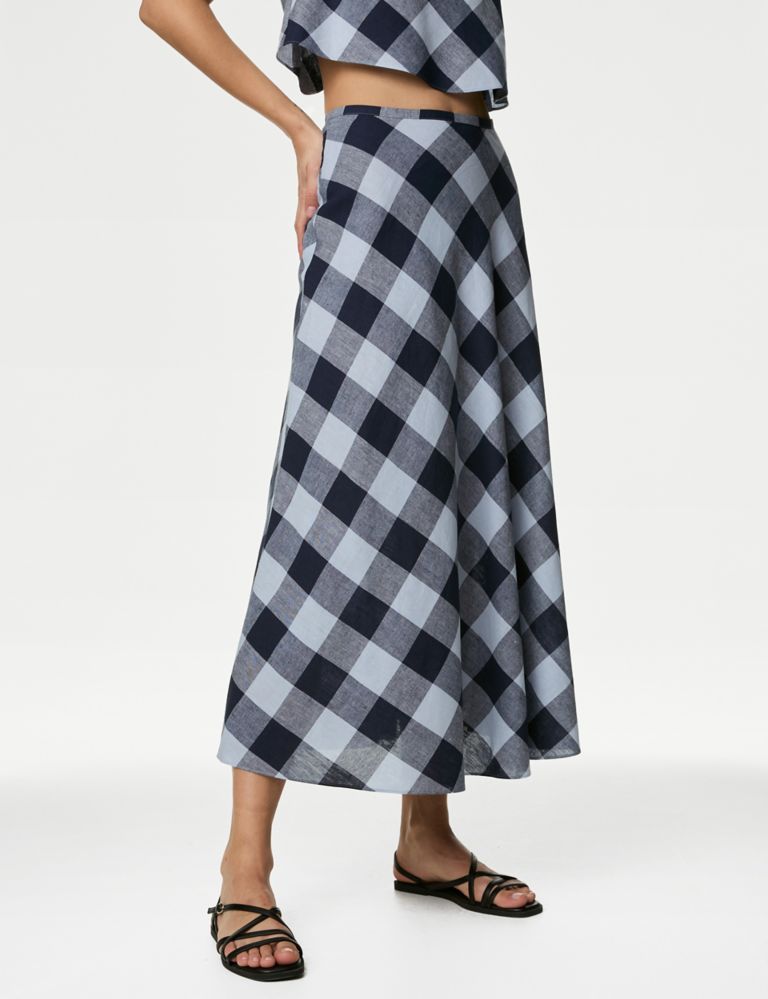 Linen Rich Checked Maxi A-Line Skirt 3 of 5
