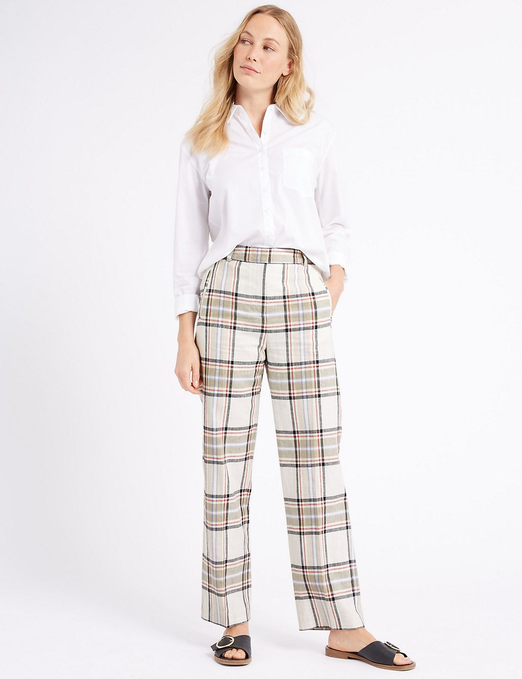 Linen Rich Checked Straight Leg Trousers 3 of 6