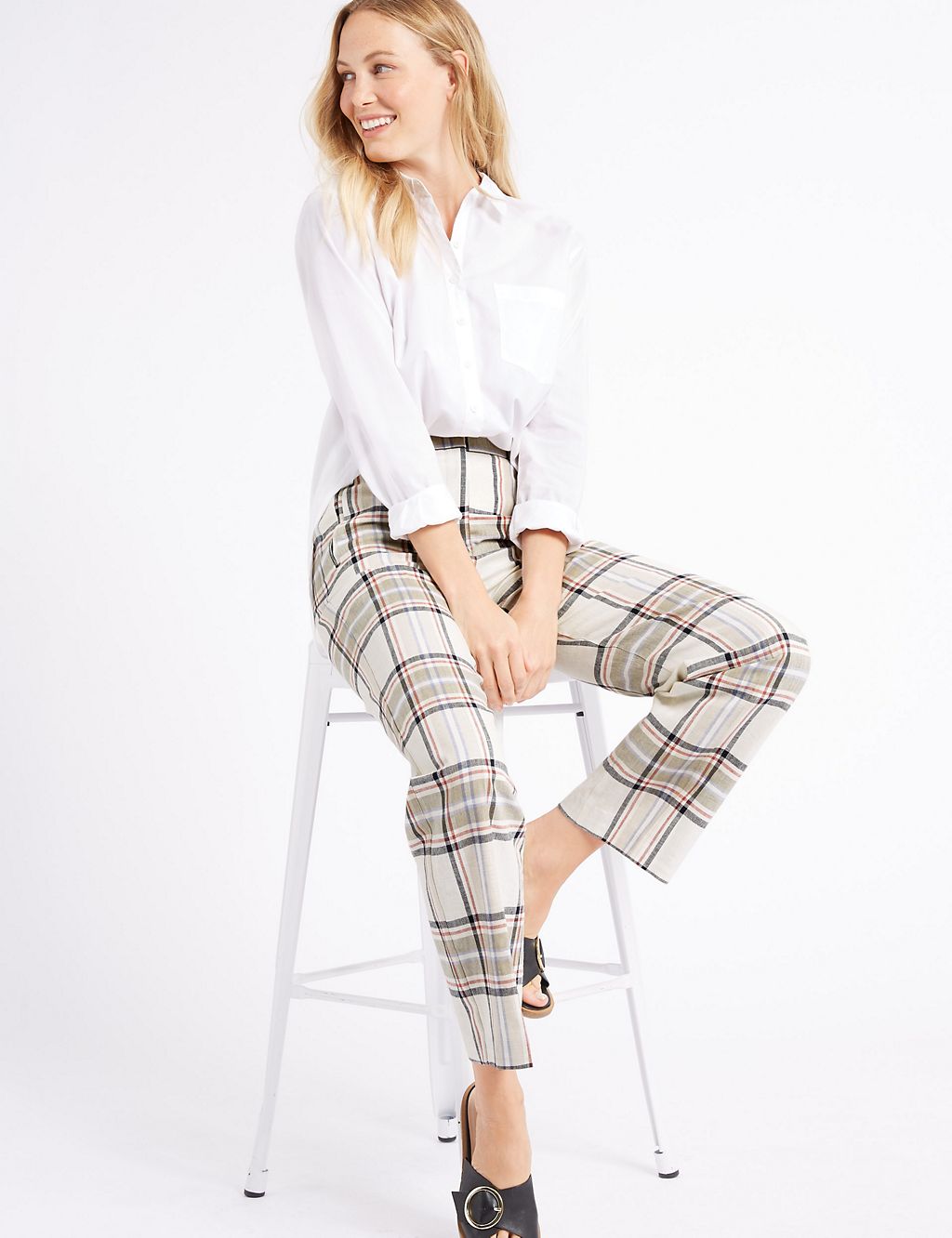 Linen Rich Checked Straight Leg Trousers 2 of 6
