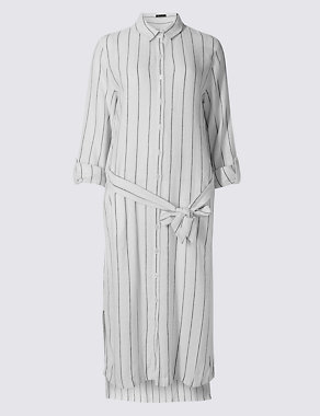 Linen Rich Dipped Hem Shirt Dress with Belt Image 2 of 4