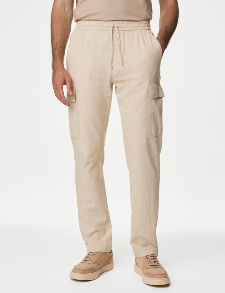 Linen Rich Elasticated Waist Cargo Trousers 1 of 6