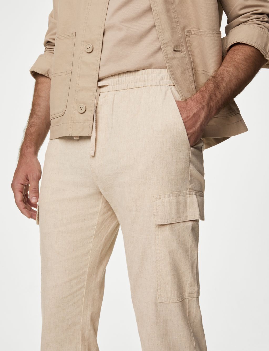 Linen Rich Elasticated Waist Cargo Trousers 2 of 6