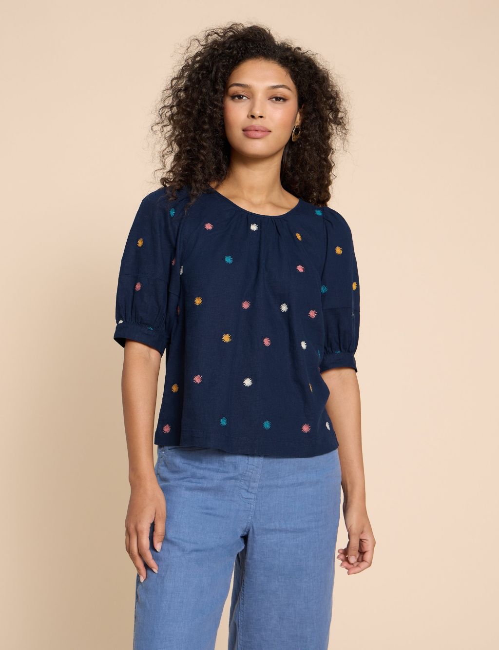 Linen Rich Embroidered Round Neck Blouse 3 of 6