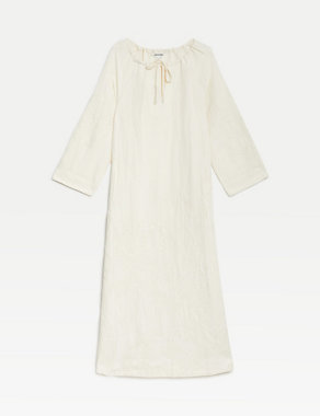 Linen Rich Embroidered Tie Neck Midi Shift Dress Image 2 of 7