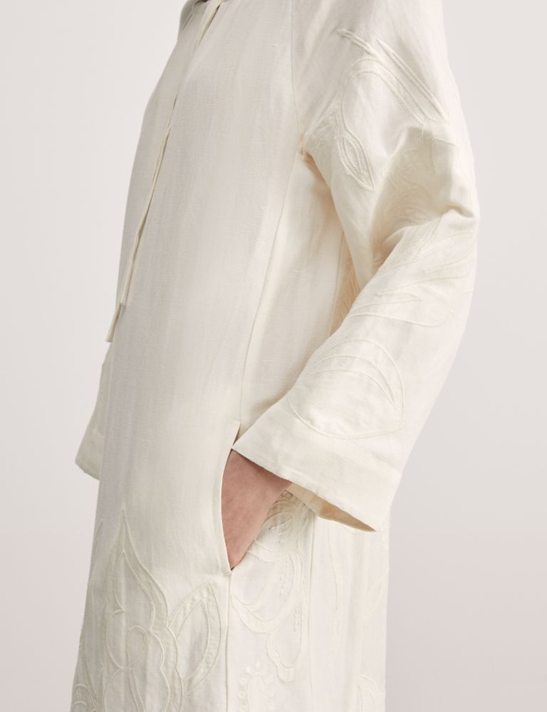 Linen Rich Embroidered Tie Neck Midi Shift Dress 5 of 7