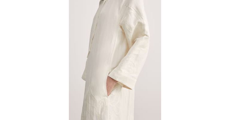 Linen Rich Embroidered Tie Neck Midi Shift Dress 5 of 7