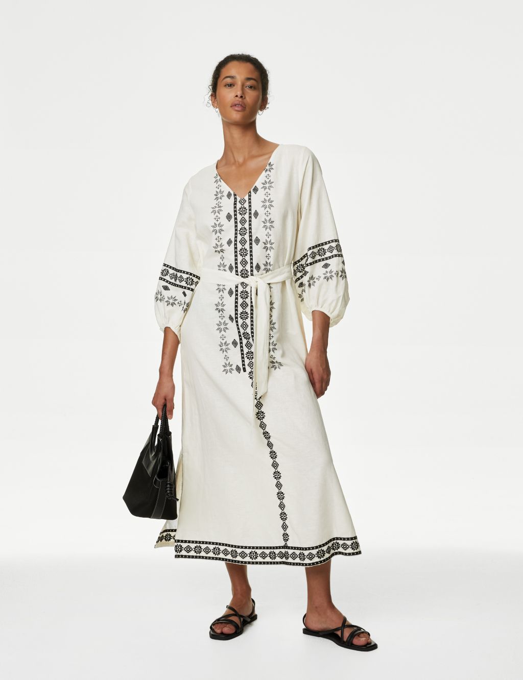 Linen Rich Embroidered V-Neck Day Dress 2 of 5