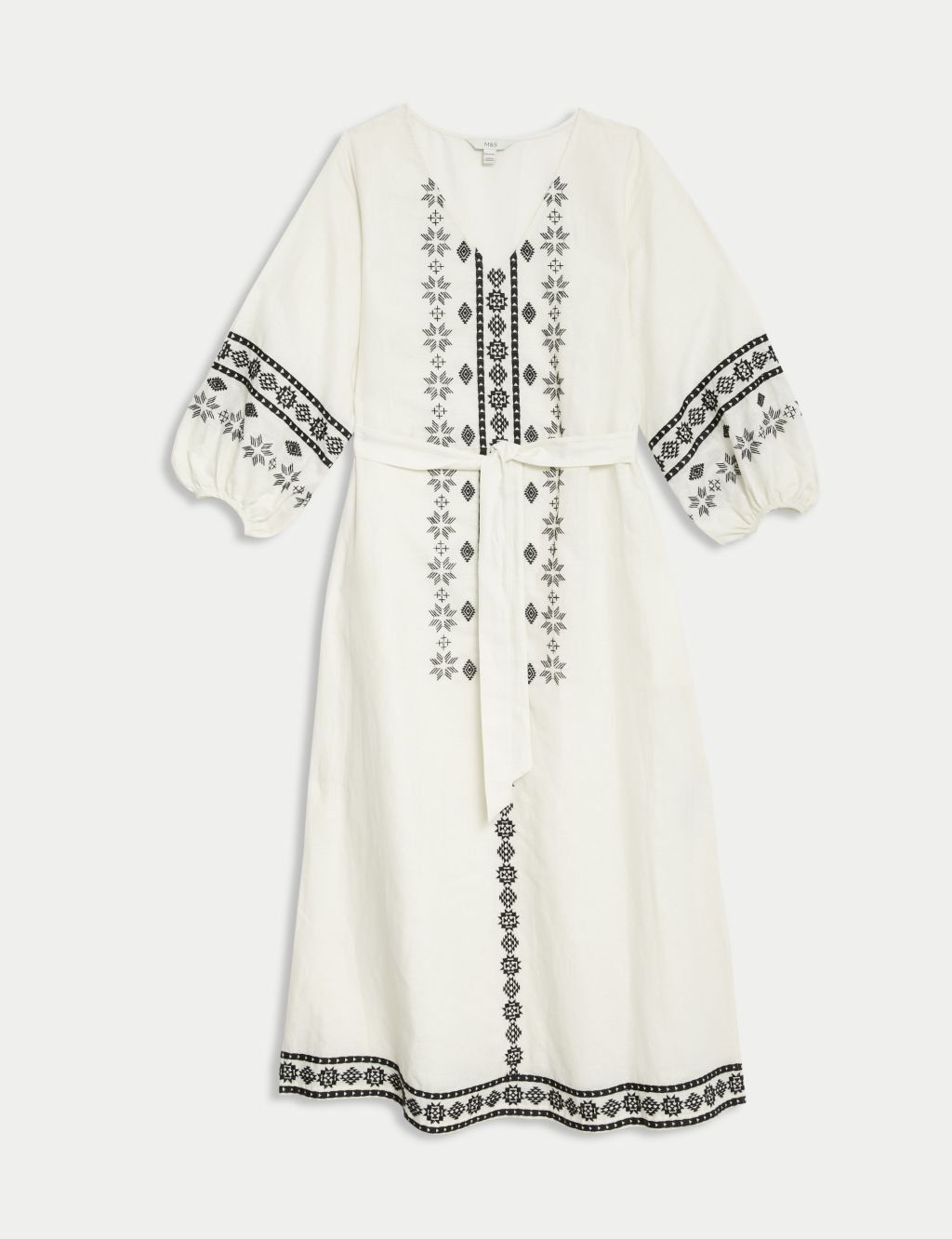 Linen Rich Embroidered V-Neck Day Dress 1 of 5