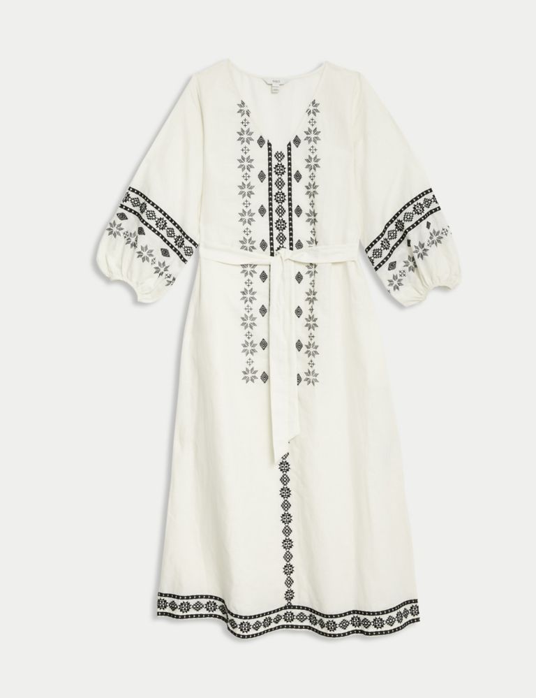 Linen Rich Embroidered V-Neck Day Dress 3 of 5