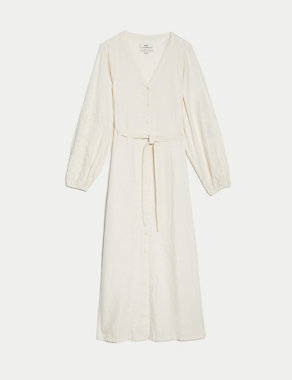 Linen Rich Embroidered V-Neck Midi Dress Image 2 of 6