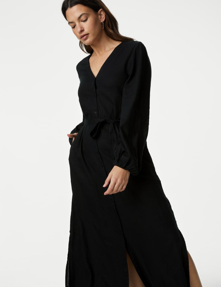 Linen Rich Embroidered V Neck Midi Dress M S Collection M S