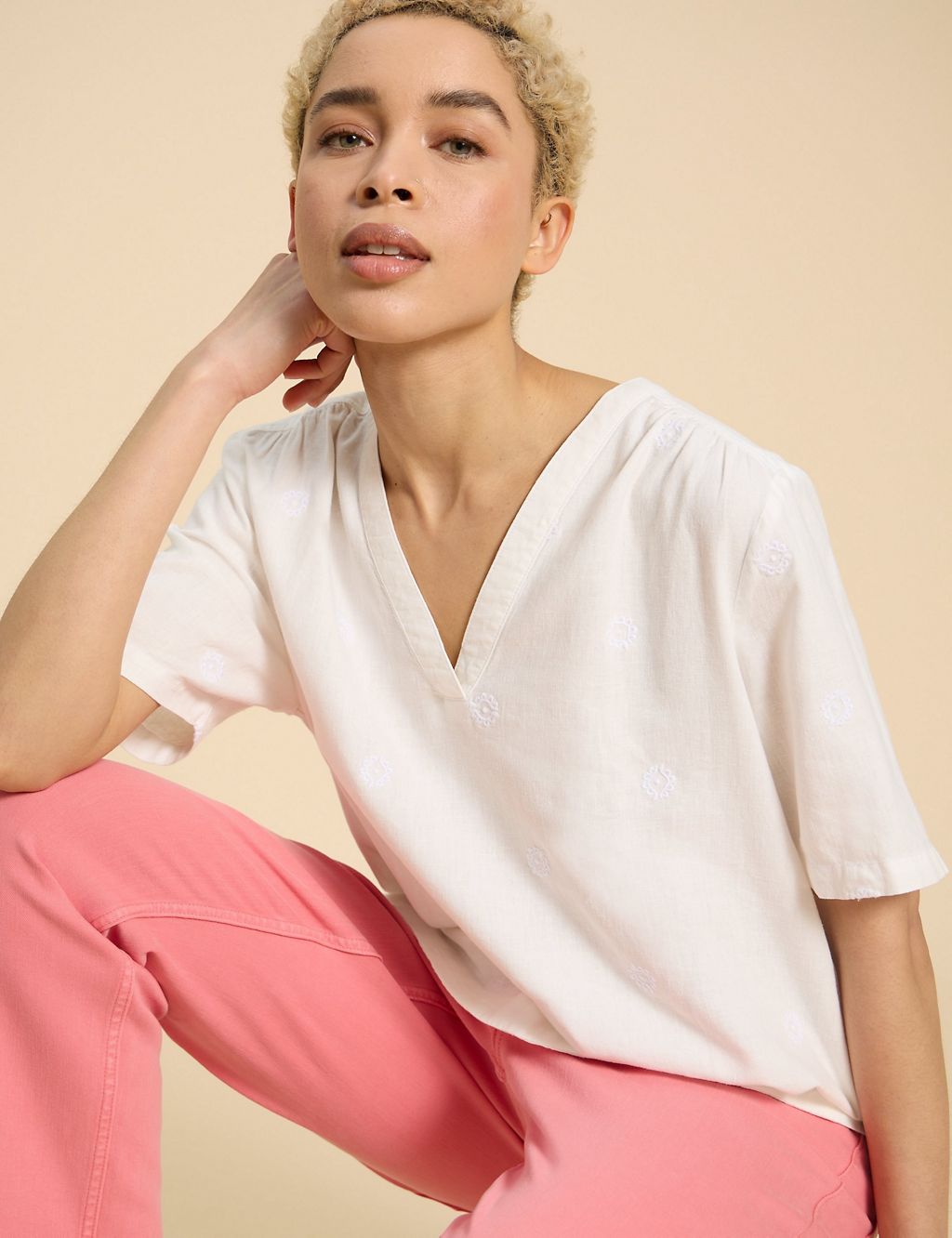 Linen Rich Embroidered V-Neck Top 3 of 6