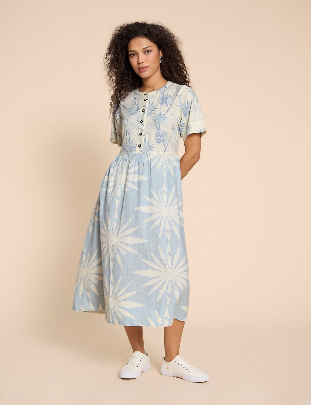 Linen Rich Floral Midi Waisted Dress 3 of 6