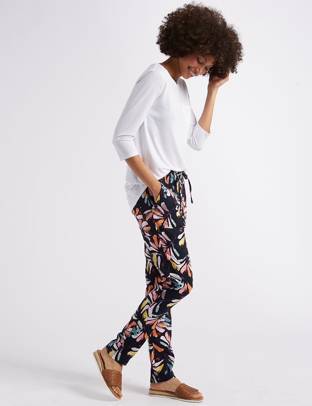 Linen Rich Floral Print Tapered Leg Trousers 2 of 6