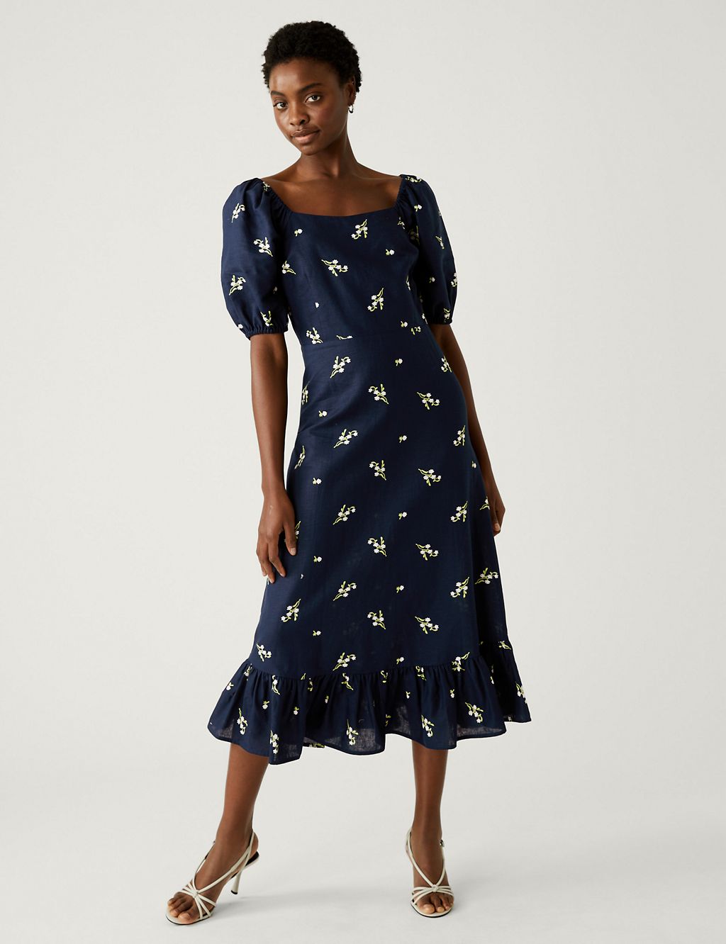 Linen Rich Floral Square Neck Midi Dress | M&S Collection | M&S