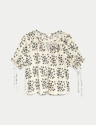 Linen Rich Geometric Puff Sleeve Blouse Image 2 of 6