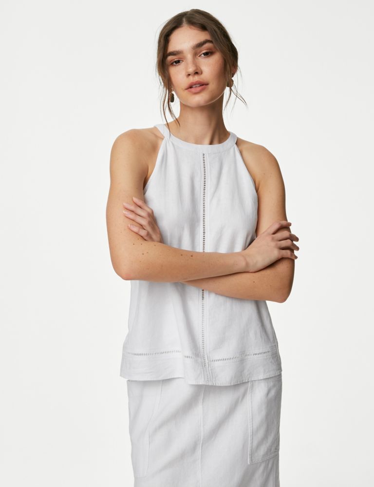 Linen Rich Halter Neck Embroidered Top 1 of 5