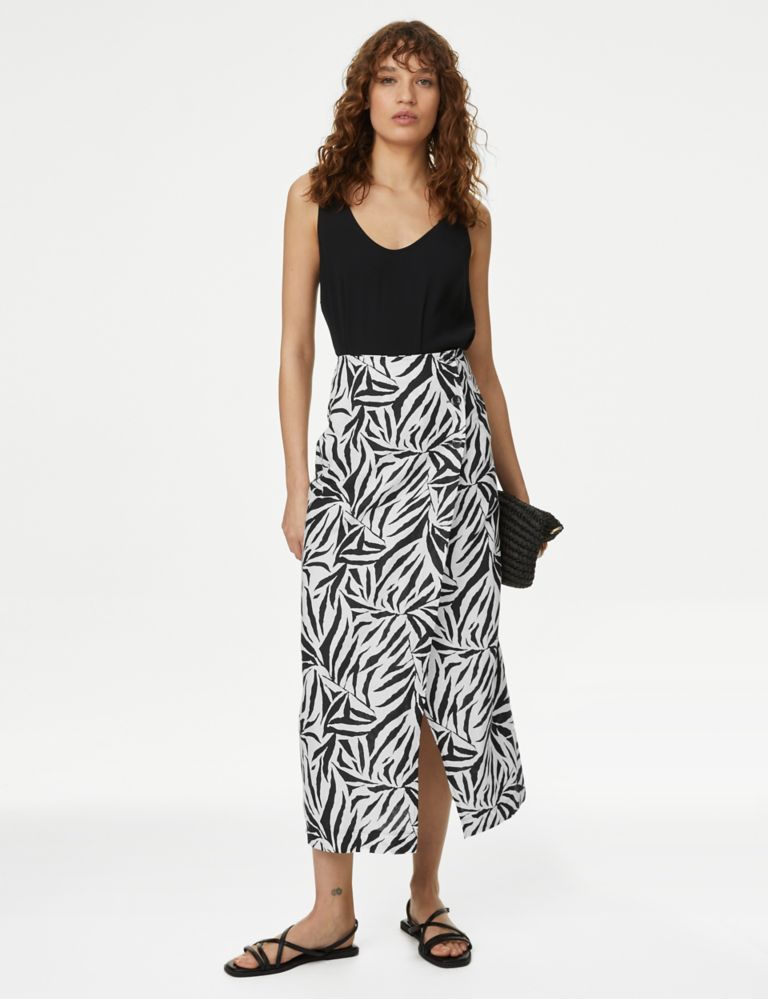 Linen Rich Palm Print Midaxi Wrap Skirt 3 of 6