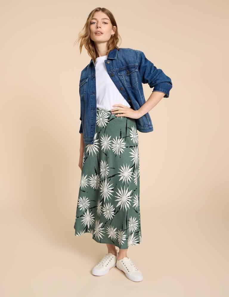 Linen Rich Printed Midi A Line Skirt