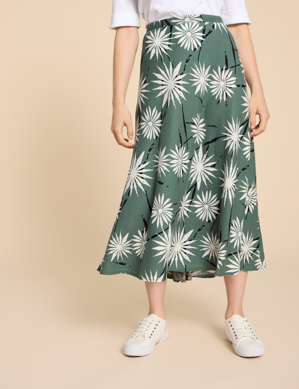 Linen Rich Printed Midi A-Line Skirt 2 of 5