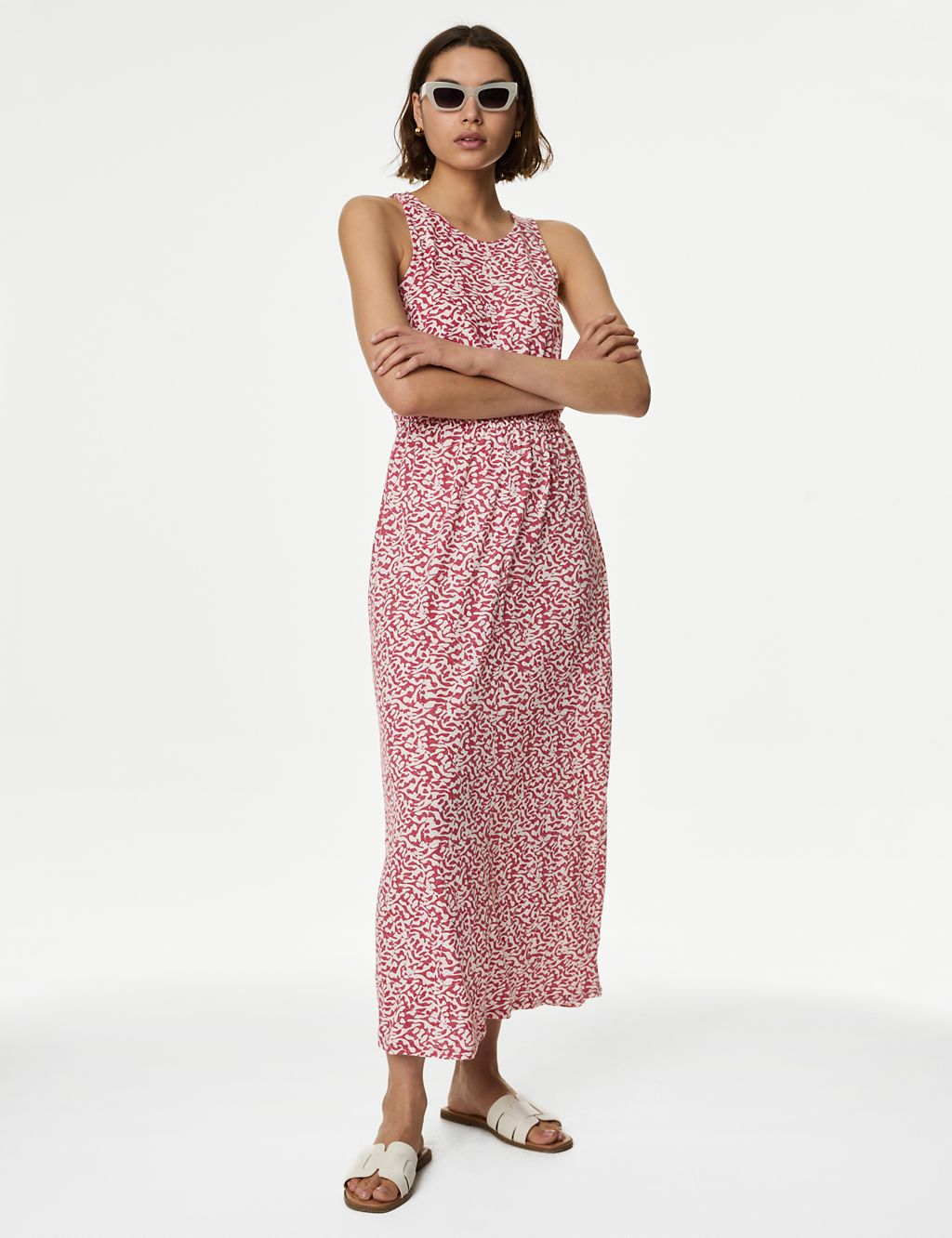 Linen Rich Printed Midi Waisted Dress 3 of 4