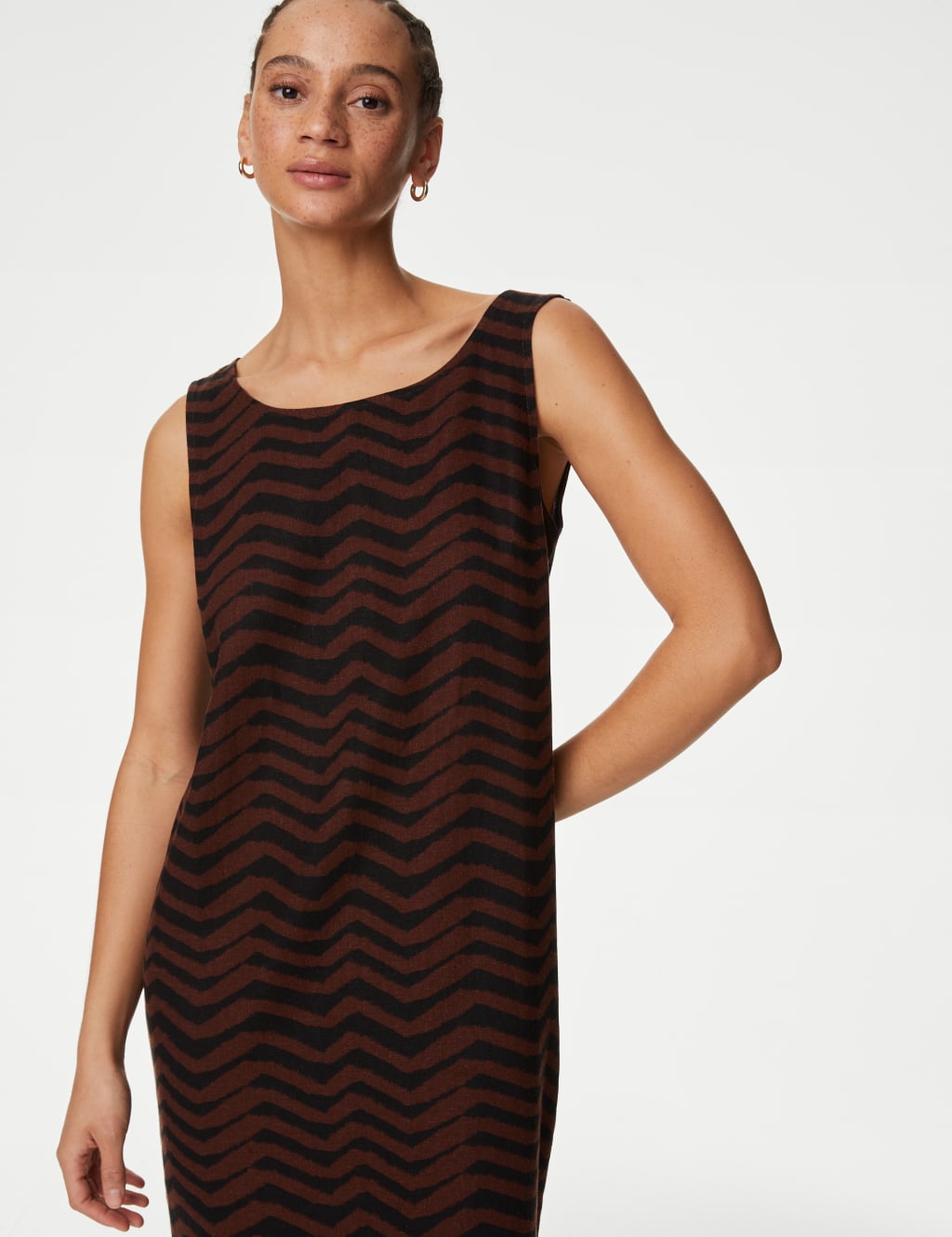 Linen Rich Printed Round Neck Shift Dress M S Collection M S