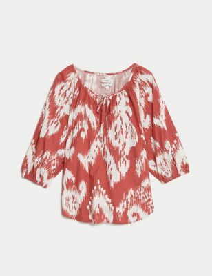 Linen Rich Printed Tie Neck Blouse Image 2 of 5