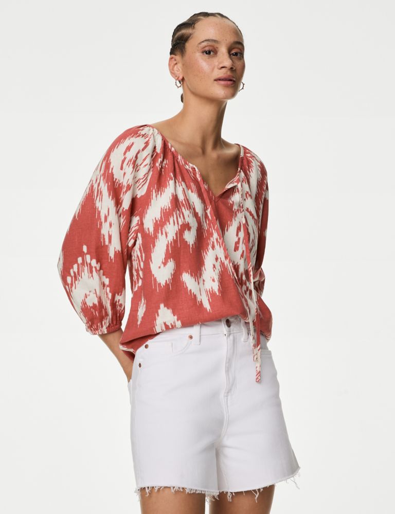 Linen Rich Printed Tie Neck Blouse 3 of 5