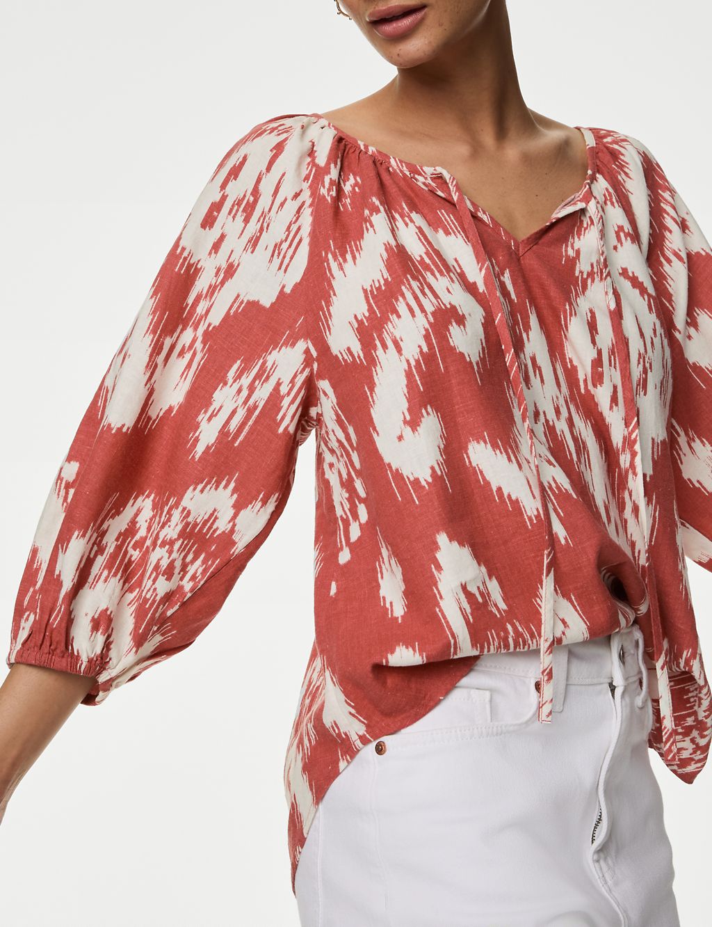 Linen Rich Printed Tie Neck Blouse 4 of 5