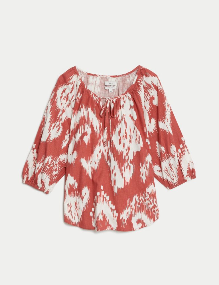 Linen Rich Printed Tie Neck Blouse 2 of 5