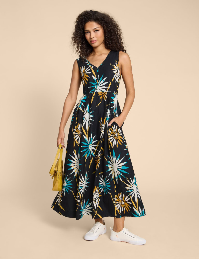 Linen Rich Printed V-Neck Maxi Waisted Dress 1 of 4