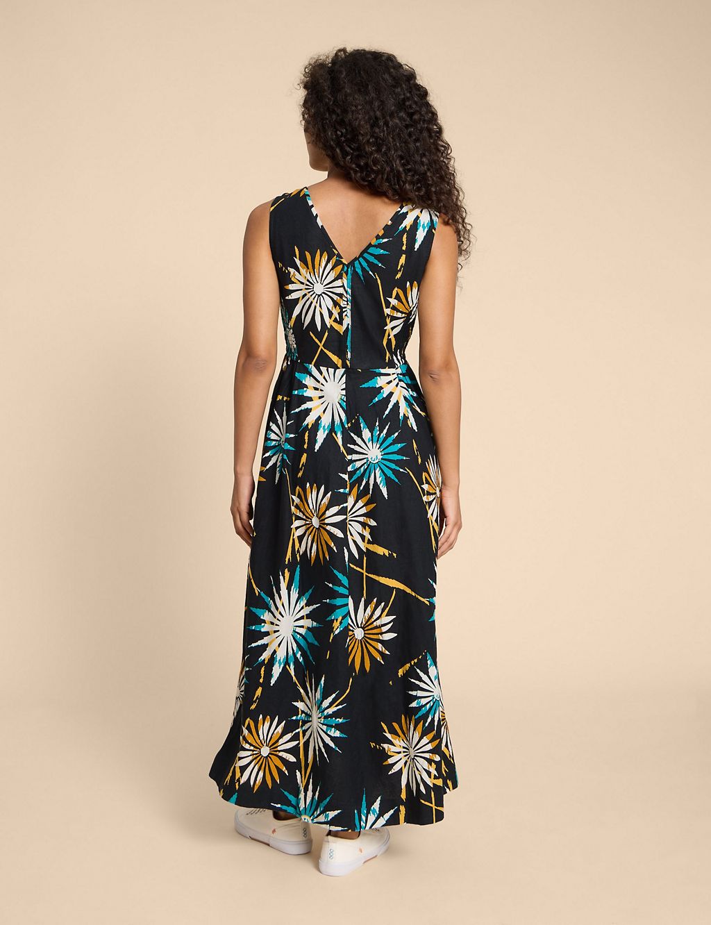 Linen Rich Printed V-Neck Maxi Waisted Dress 1 of 4