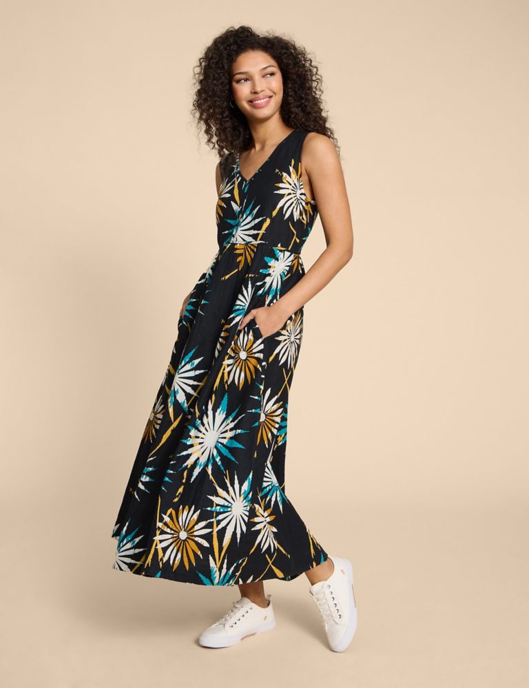 Linen Rich Printed V-Neck Maxi Waisted Dress 3 of 4