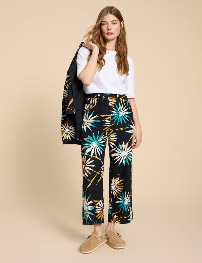 Linen Rich Printed Wide Leg Trousers