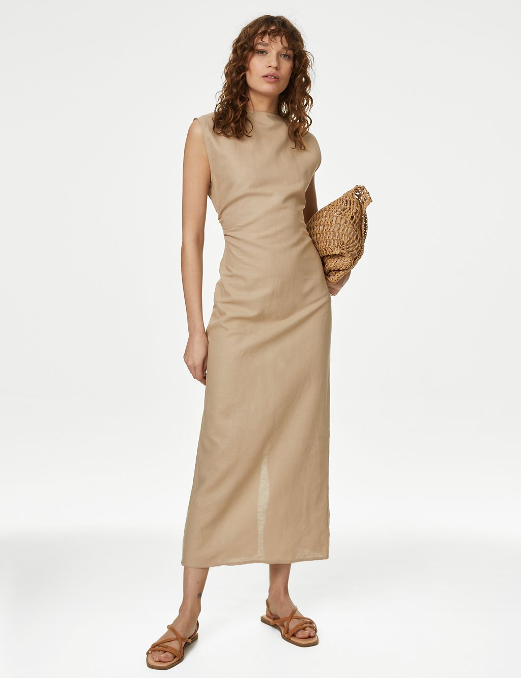Linen Rich Ruched Midaxi Bodycon Dress 2 of 4